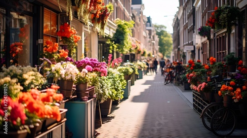 Street view with flowers in Amsterdam, Netherlands