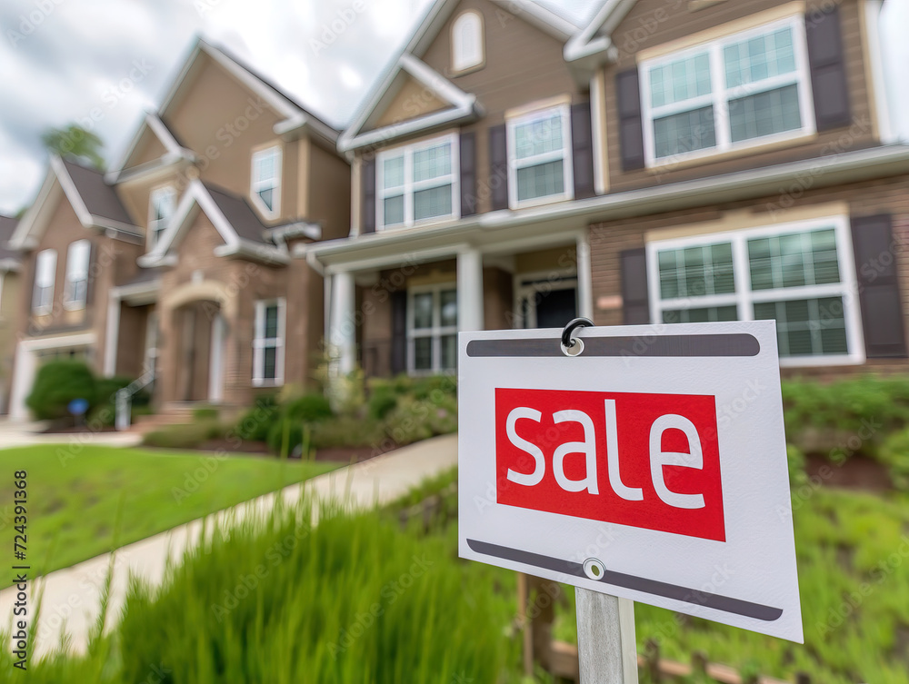 A house with a sale sign at its yard on the lawn, real estate