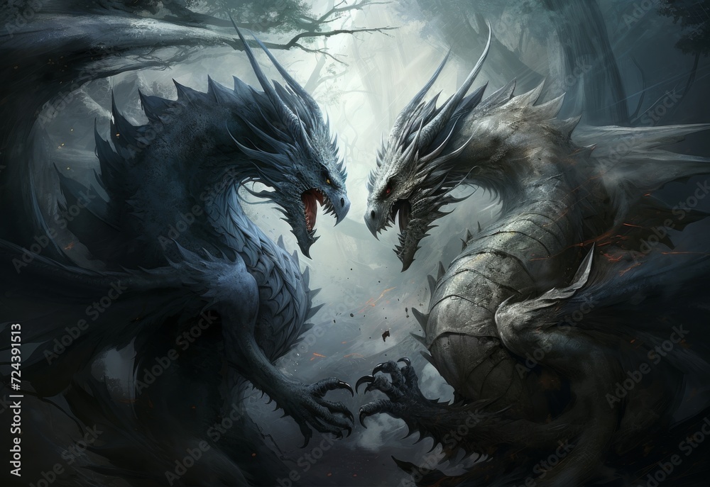 Dueling Dragons Clash in Forest Dueling Dragons Clash in Forest