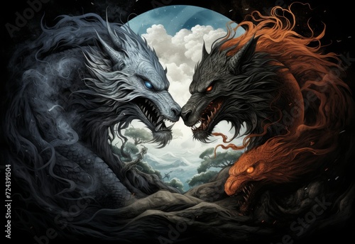 Two Dragons in Ferocious Battle Against a Full Moon