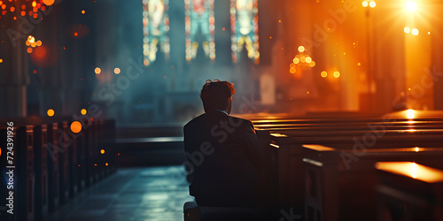 Lonely and hopeless man sitting sad in beautiful church, hope concept.