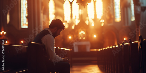 Lonely and hopeless man sitting sad in beautiful church, hope concept. photo