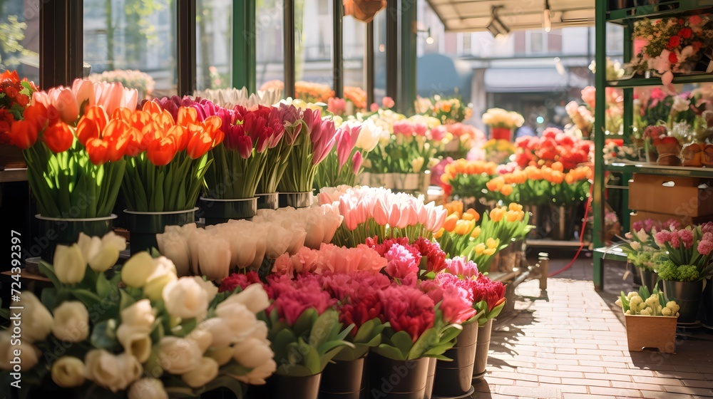 Bouquets of tulips for sale in a flower shop