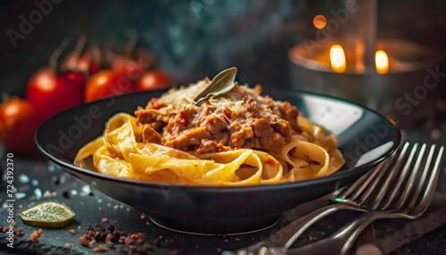 Pasta Bolognese with spices, Italian pasta dish with minced meat and tomatoes in a dark plate photo