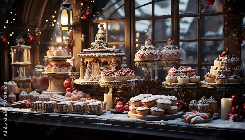 Beautiful Christmas sweets on display at a shop window in Paris, France