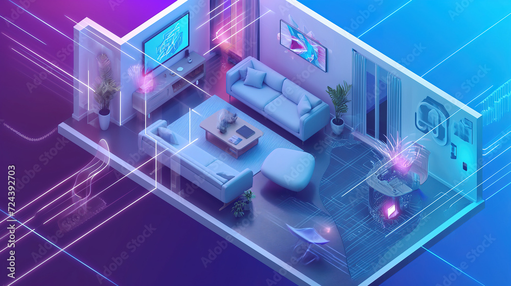 Smart home isometric illustration, modern technology house concept controlled via mobile app Smart home isometric illustration, modern technology house concept controlled via mobile app