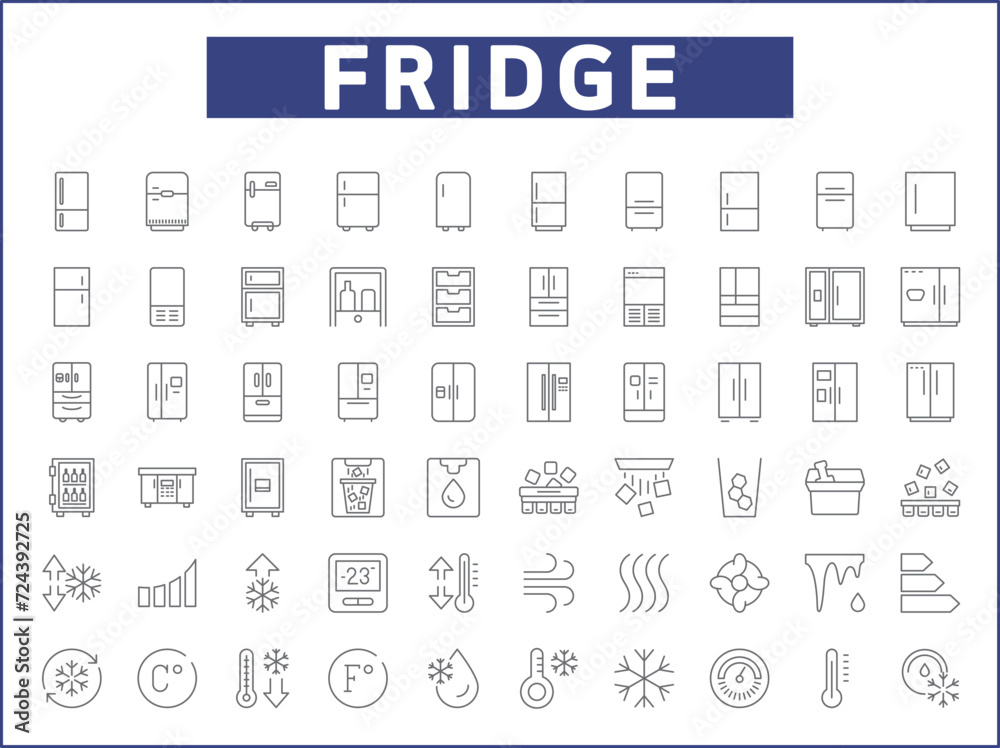 Set of fridge and refrigerator line style. Contains such Icons as household, appliances, double door fridge, side by side door fridge, ice, snowflake, kitchen, Celsius, Fahrenheit and more. Set of fridge and refrigerator line style. Contains such Icons as household, appliances, double door fridge, side by side door fridge, ice, snowflake, kitchen, Celsius, Fahrenheit and more.