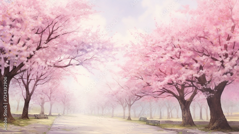 A delightful spring scene, the bloom of cherry blossoms in a serene park. A delightful spring scene, the bloom of cherry blossoms in a serene park.
