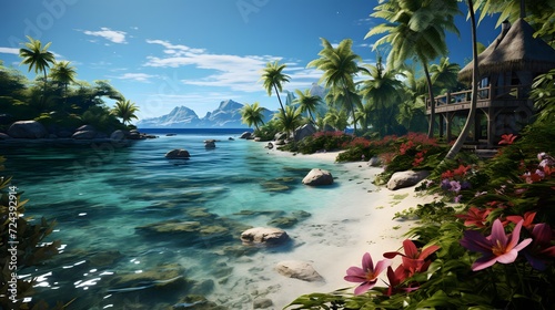 Tropical beach with palm trees and flowers. Seascape panorama