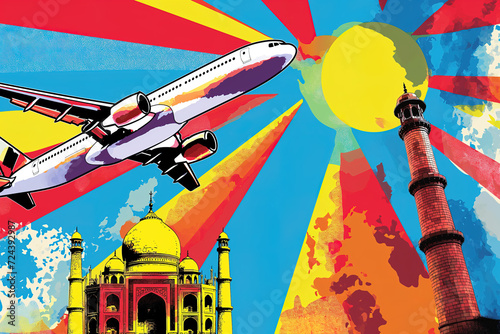 Taj Mahal and plane illustration pop art cartoon postcard colorful, travel India Agra Uttar Pradesh photo