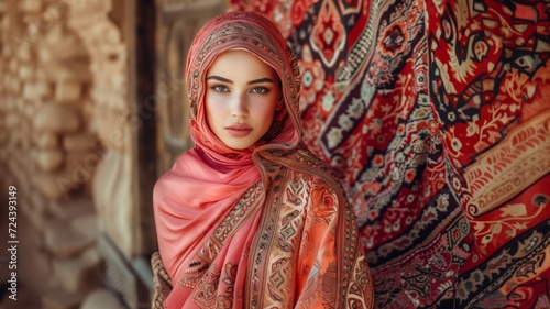 Portrait of a Beautiful Arab Woman with Traditional Dress and Hijab. Generative AI.