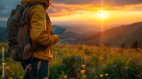  Explorer with a solar charger standing in a mountain meadow at sunrise  embracing sustainable living while adventuring.