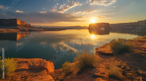 sunlight reflects off the serene waters of Arizona s Lake Powell  creating a picturesque desert oasis.