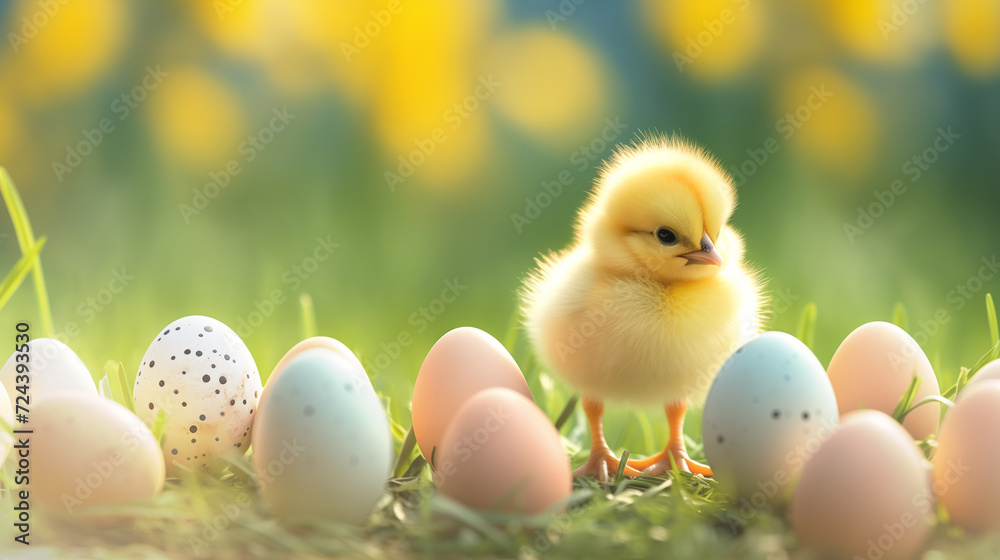 Little Fluffy Chick and Easter Eggs on Fresh Green Grass