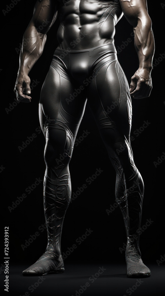 A male athlete's muscular body is captured in a standing pose, embodying strength and fitness against a black backdrop.