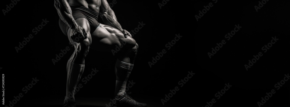  Athletic male in a crouched position, with muscles tensed, preparing for dynamic movement in a dark environment.