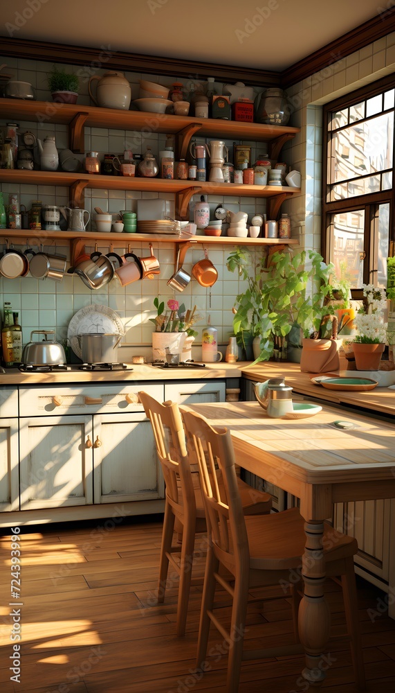 interior of modern rustic kitchen with wooden furniture and kitchenware
