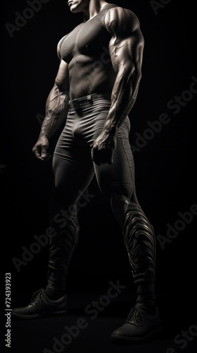 Muscular male bodybuilder stands, his physique highlighted by dramatic contrast, exuding strength and power.