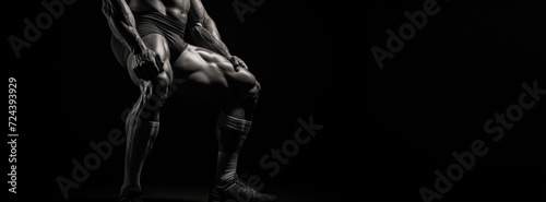  Athletic male in a crouched position, with muscles tensed, preparing for dynamic movement in a dark environment.