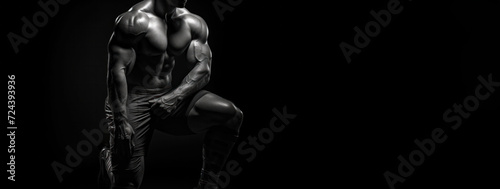  Muscular male figure sitting and resting, highlighting his defined muscles and focused demeanor in a shadowy setting.