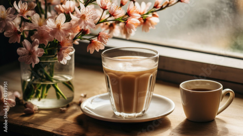 Cozy window-side setting with a latte and espresso on a wooden sill  accompanied by fresh blossoms.