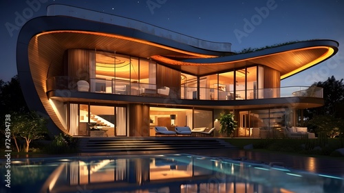 Modern house with swimming pool in the evening. Panoramic view.