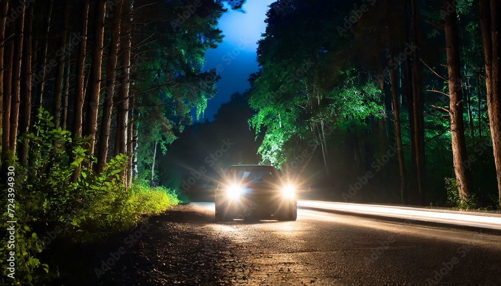 Obraz premium Night Odyssey: Carving Through the Enchanted Forest Under the Moonlit Headlights
