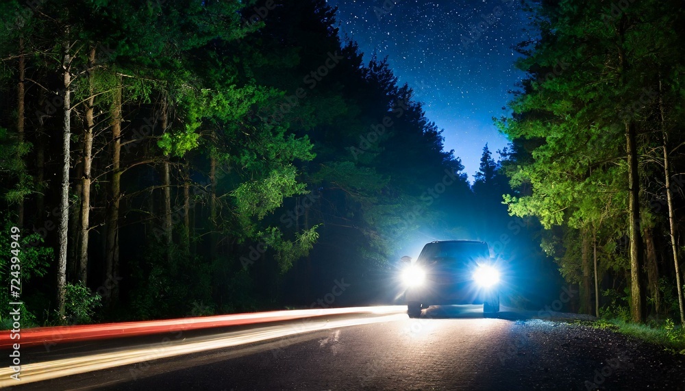 Night Odyssey: Carving Through the Enchanted Forest Under the Moonlit Headlights