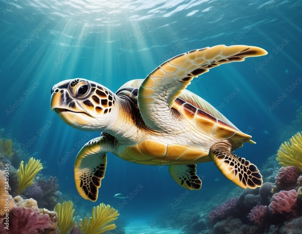 Fototapeta premium Adorable Baby Sea Turtle, Marine Life Art