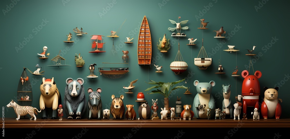 **A top view of a whimsical assortment of toy animals, creating a delightful scene with open space for textual additions, set on a soft green backdrop