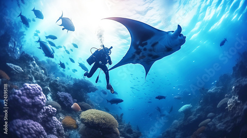 Scuba divers and three mantas swimming near the coral reef and fishes on a blue sea ocean. Underwater tropical marine wildlife. AI Generative photo