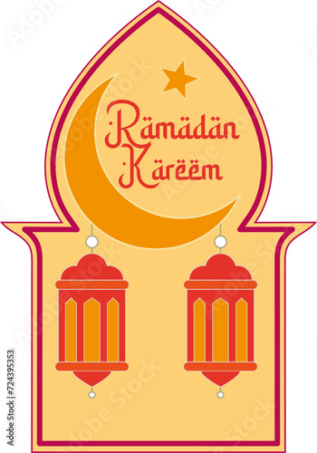 Ramadan Kareem set of posters, cards, holiday covers, greetings or background. Doodle modern beautiful design with mosque, moon crescent, stars in the sky, arches window and lantern.