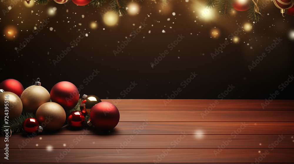 Naklejka premium Christmas background with copy space area. Christmas background with wooden texture and Christmas ornaments.