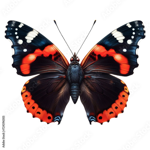 Attractive Red Admiral butterfly isolated on white, wings spread, close-up macro