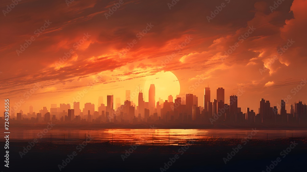 Naklejka premium Panoramic view of Manhattan skyline at sunset, New York City
