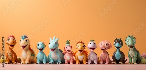 **A whimsical top view of toy dinosaurs arranged in a playful scene on a pastel orange background, leaving room for text © LOVE ALLAH LOVE