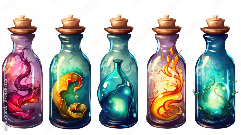 A collection of vibrant, cartoon-styled potion bottles in various colors and bubbling contents, corked and uncorked. Game design assets, transparent background A collection of vibrant, cartoon-styled potion bottles in various colors and bubbling contents, corked and uncorked. Game design assets, transparent background