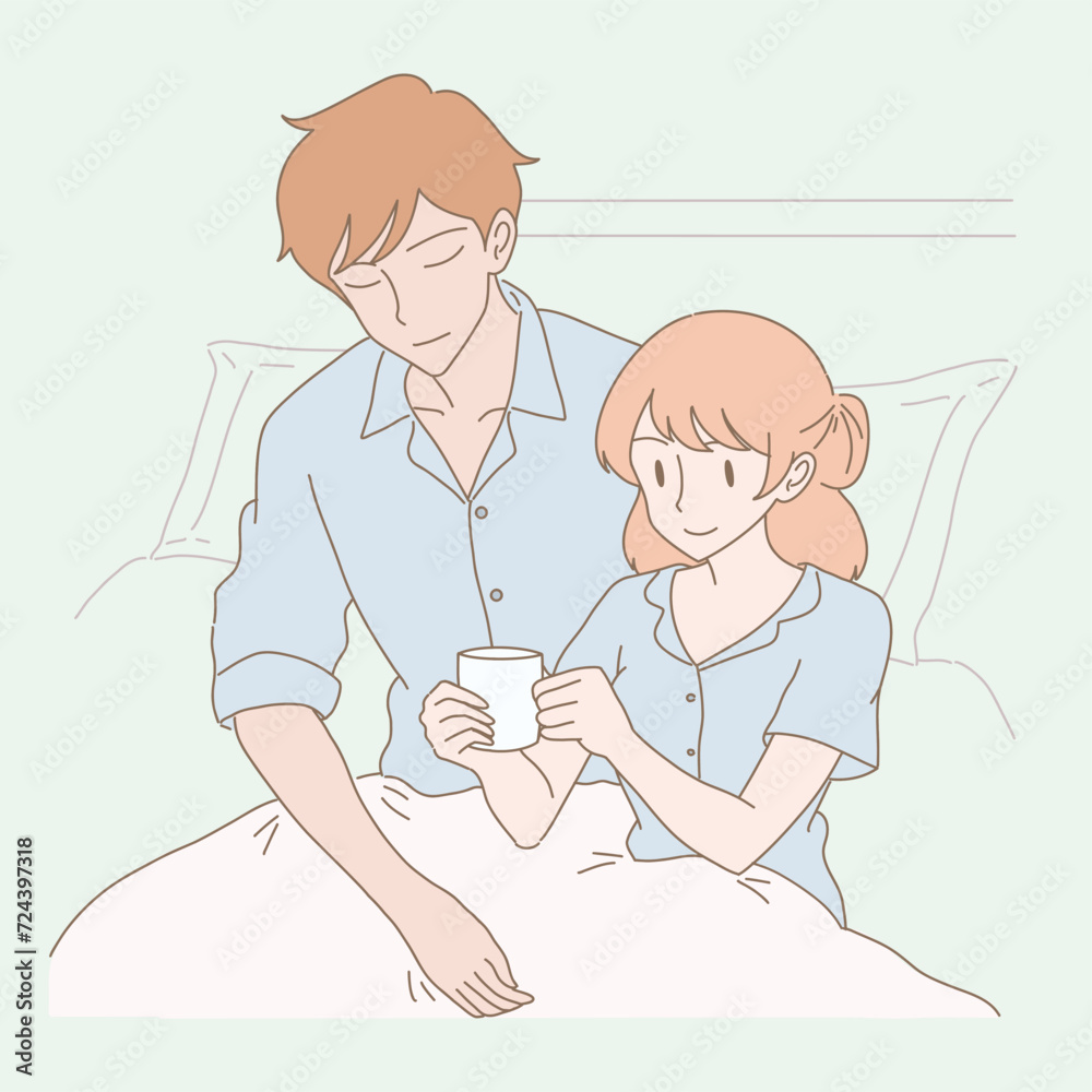 Romantic man and woman in pajamas sitting together under blanket. Happy couple drinking coffee in bed at morning. Hand drawn flat cartoon character vector illustration. Romantic man and woman in pajamas sitting together under blanket. Happy couple drinking coffee in bed at morning. Hand drawn flat cartoon character vector illustration.