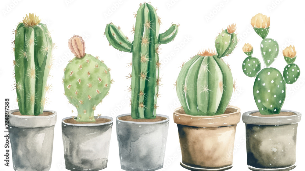 Watercolor cacti in pots, varying in shape and size, with flowers, home gardening, succulents, white background