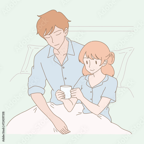 Romantic man and woman in pajamas sitting together under blanket. Happy couple drinking coffee in bed at morning. Hand drawn flat cartoon character vector illustration.
