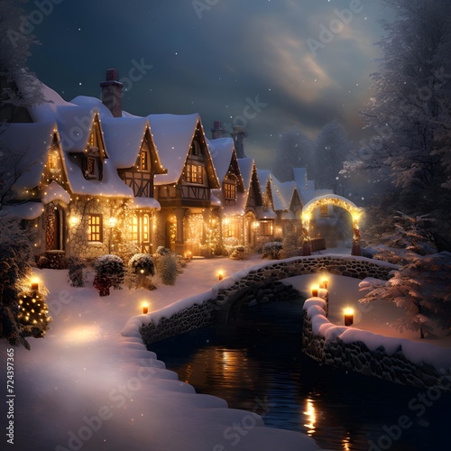 Winter night in the village. Christmas and New Year holiday concept. © Iman
