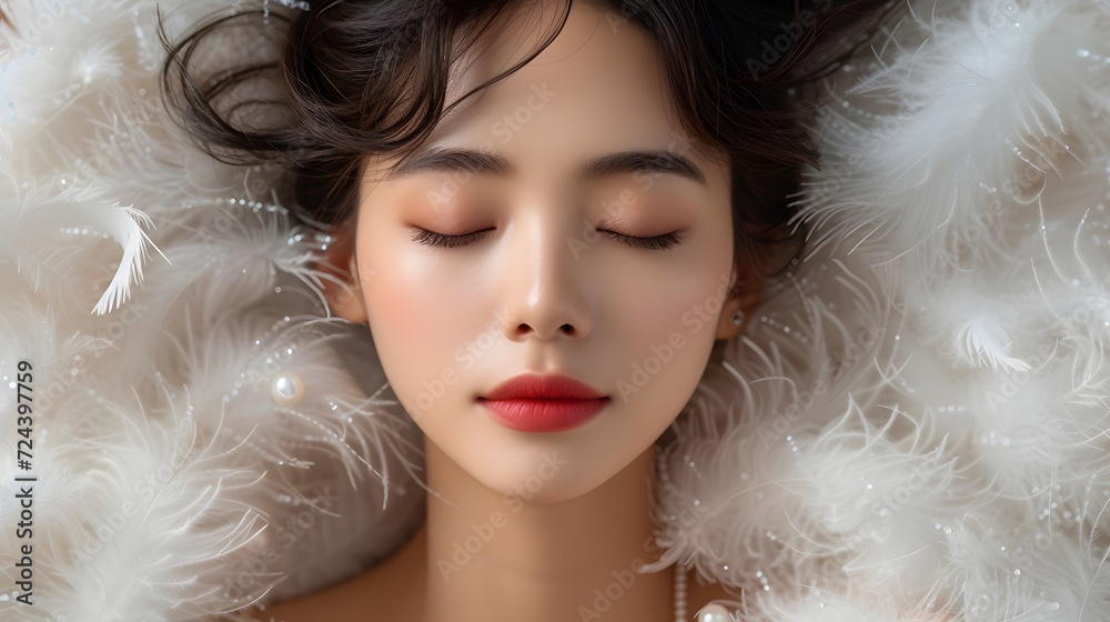 portrait of an beautiful Asian woman, cosmetic model, laying down closing her eye