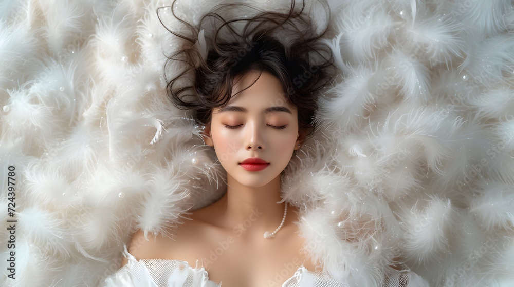 asian women Model With Closed Eyes on white fluffy white background