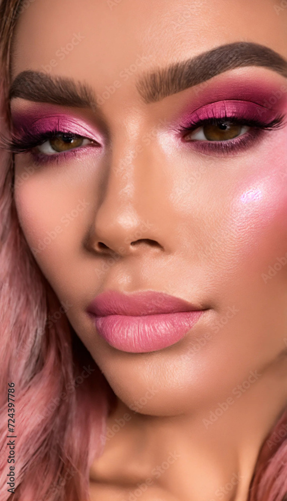 The girl has bright shiny makeup. Selective focus. Generative AI, The girl has bright shiny makeup. Selective focus. Generative AI,