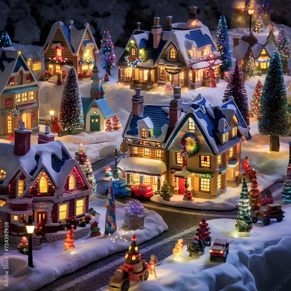 Christmas and New Year miniature village with colorful houses and Christmas trees.
