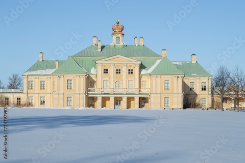 View of the Great Menshikovsky Palace from the Upper Park on a sunny March day. Oranienbaum Palace and Park Complex