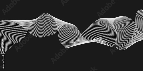 Abstract gray landscape on a black background. Long exposure photograph of neon grey color in an abstract swirl, parallel lines pattern against a black background. Abstract 3d illustration. 
