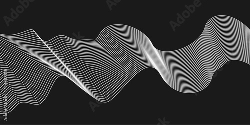 Abstract gray landscape on a black background. Long exposure photograph of neon grey color in an abstract swirl, parallel lines pattern against a black background. Abstract 3d illustration. 