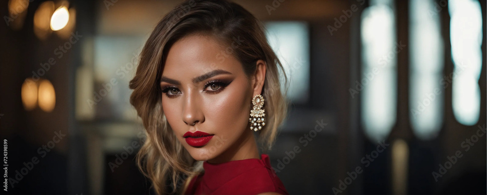 Fototapeta premium The girl has bright shiny makeup. Selective focus. Generative AI,