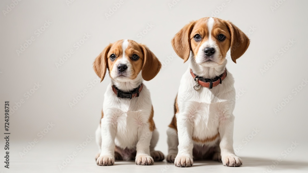 Par de cachorros beagle, sentados, sobre fondo blanco